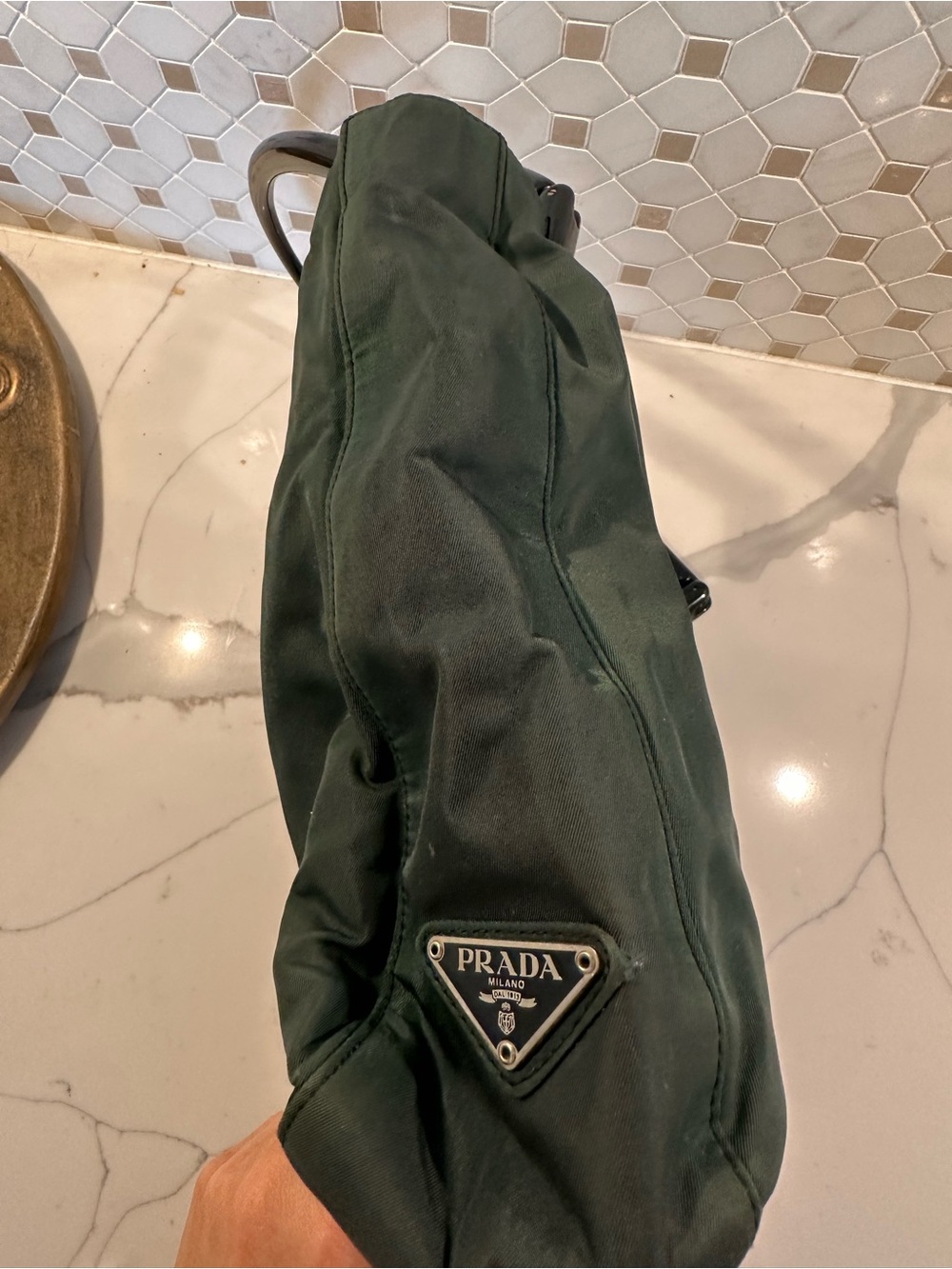 Prada Dark Green Nylon Shoulder Bag with Triangle Logo